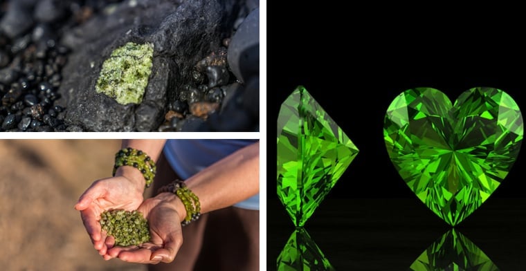 Lava with embedded olivine, loose olivine and peridot