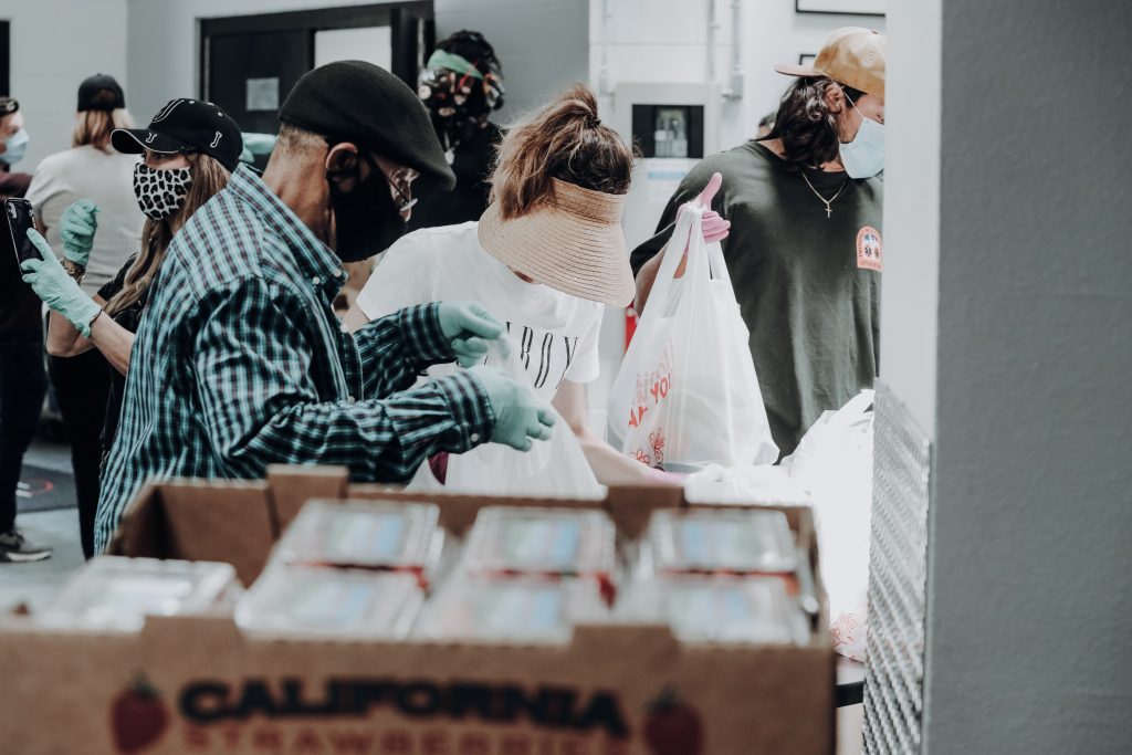 Volunteers packing boxes