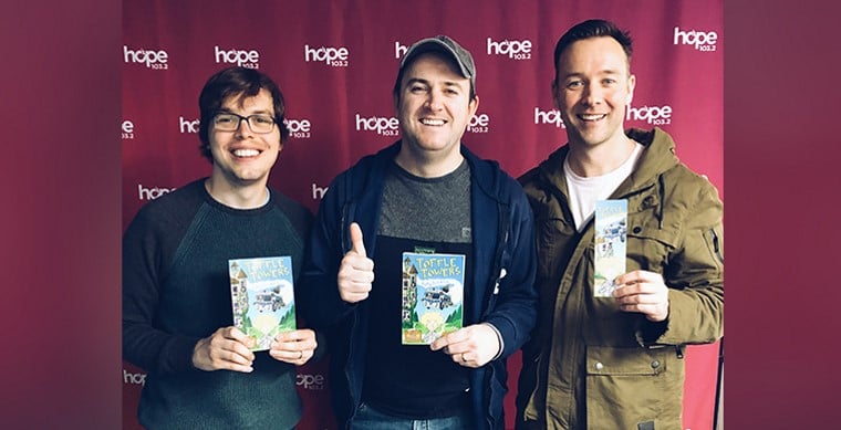 Author Tim Harris with Sam Robinson and Duncan Robinson at Hope 103.2