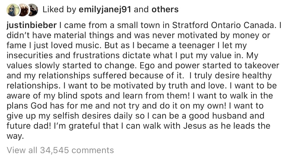 an instagram post by ustin bieber